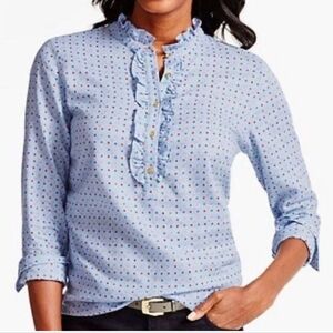 Talbots 100% cotton women's blue Polka Dot Ruffle neck long sleeve top size L.